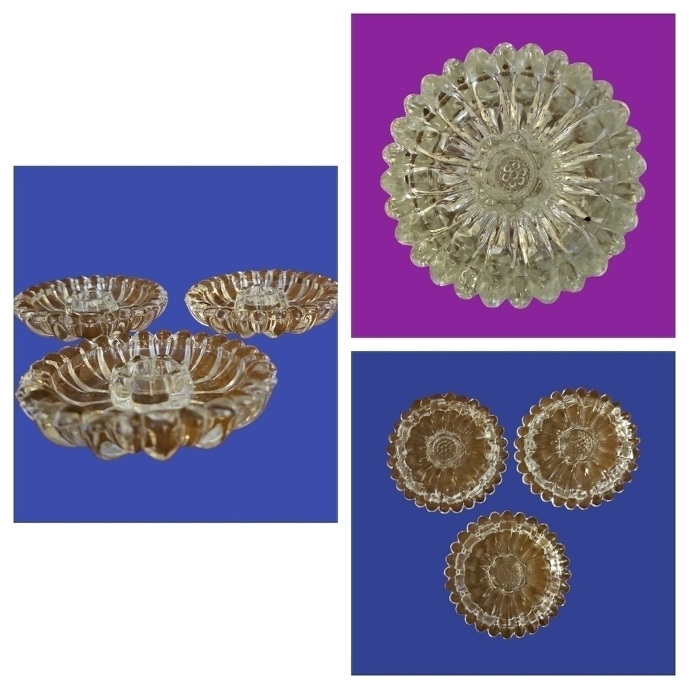 Vintage Set of Three Clear Glass Sunflower Candlestick Holders